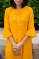 Image for Kusvaa Ws318 Yellow Solid Kurta Printed Pants Closeup