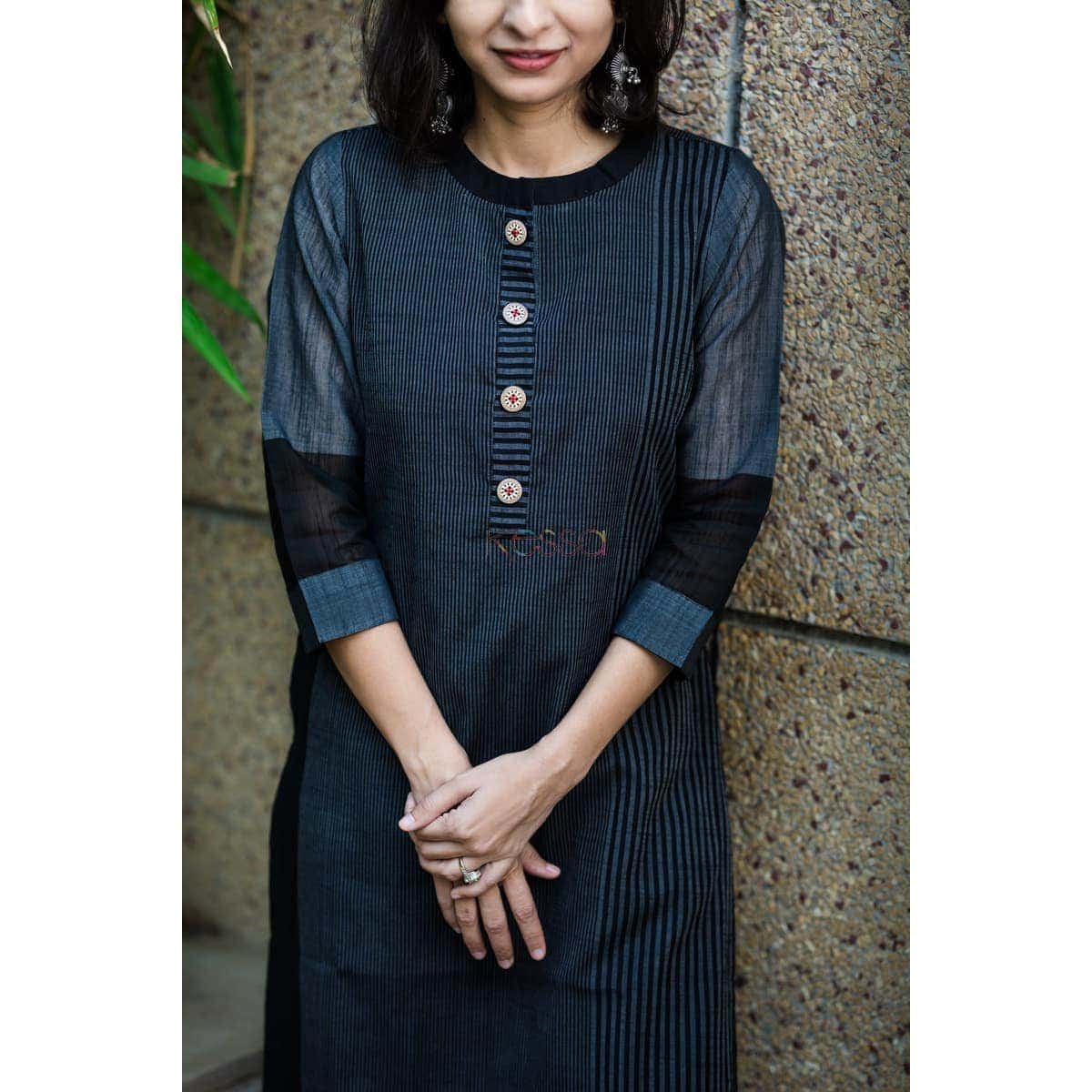 Image for Kusvaa Ws334 Black Striped South Cotton Kurta Closeup