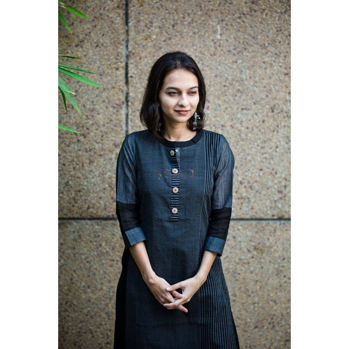Image for Kusvaa Ws334 Black Striped South Cotton Kurta Front Close