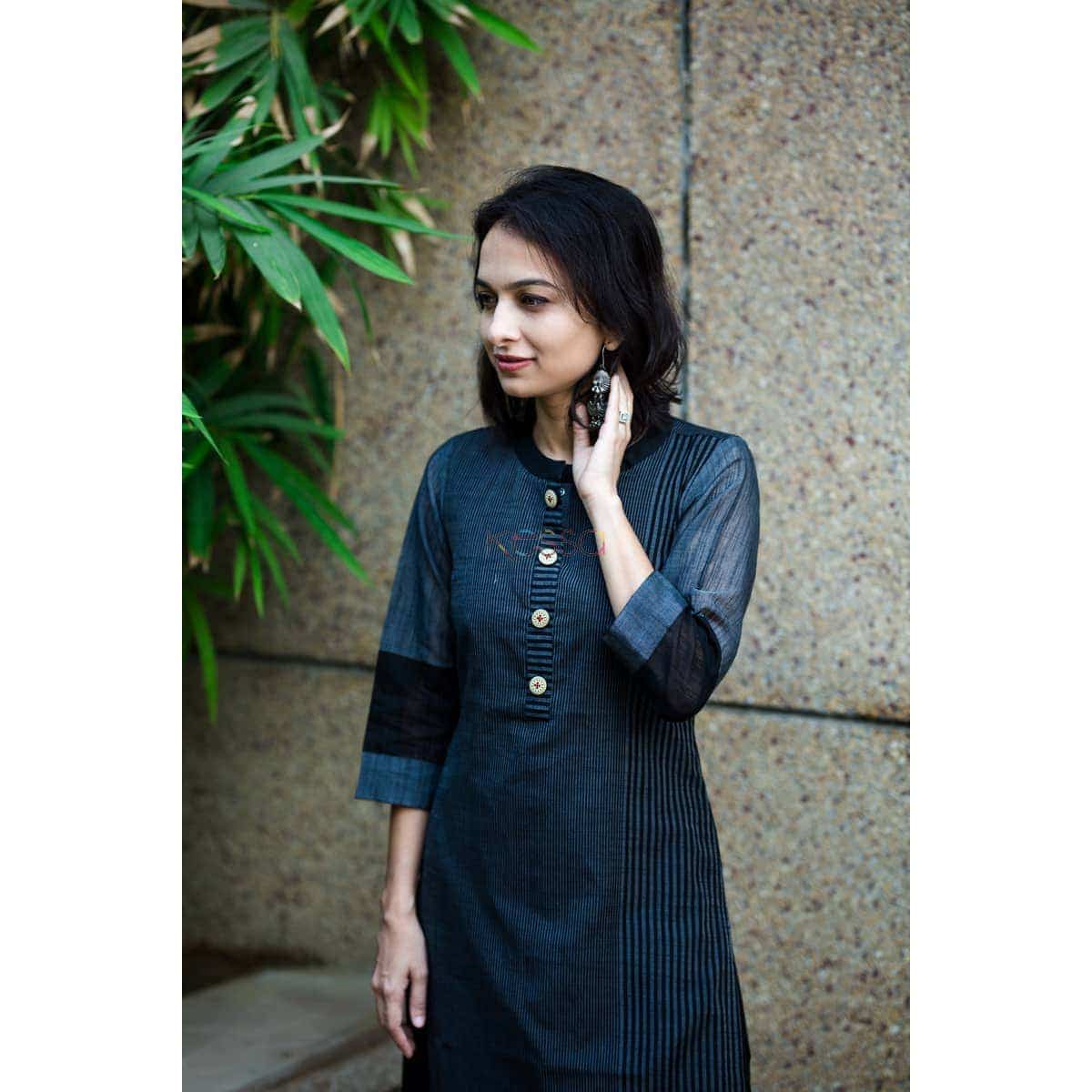 Image for Kusvaa Ws334 Black Striped South Cotton Kurta Side Close