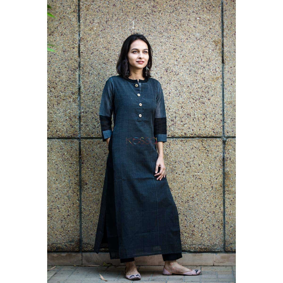 Image for Kusvaa Ws334 Black Striped South Cotton Kurta Side