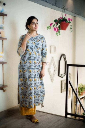 Image for Sr37 Kusvaa Blue Yellow Block Print Kurta Front