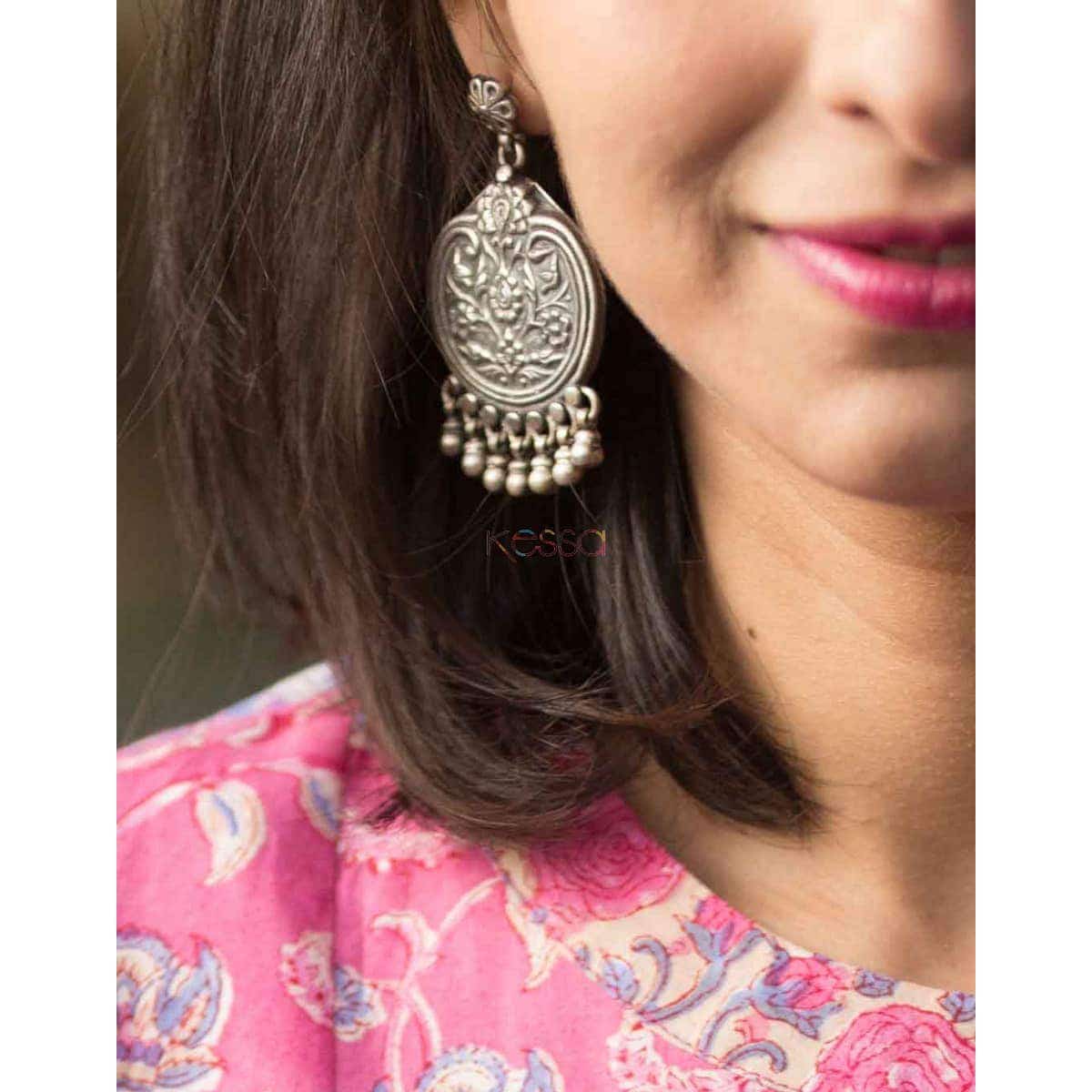 Image for Kusvaa Kusum Kt40 Tribal Silver Earrings Flowers Motif