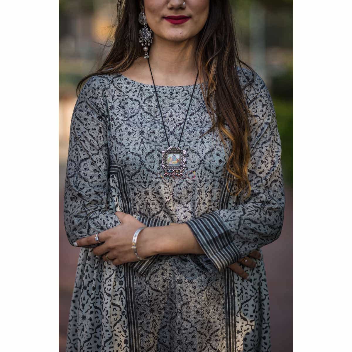 Image for Kusvaa Kusum Kuoj25 Black Grey Kurta With Dupatta Closeup