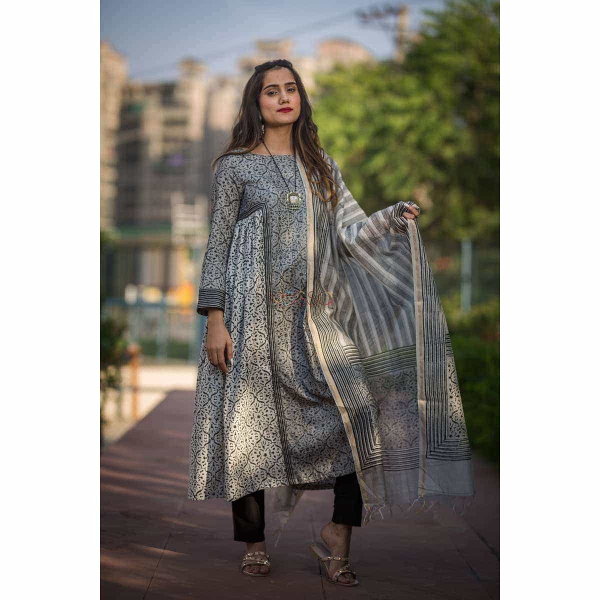 Image for Kusvaa Kusum Kuoj25 Black Grey Kurta With Dupatta Featured