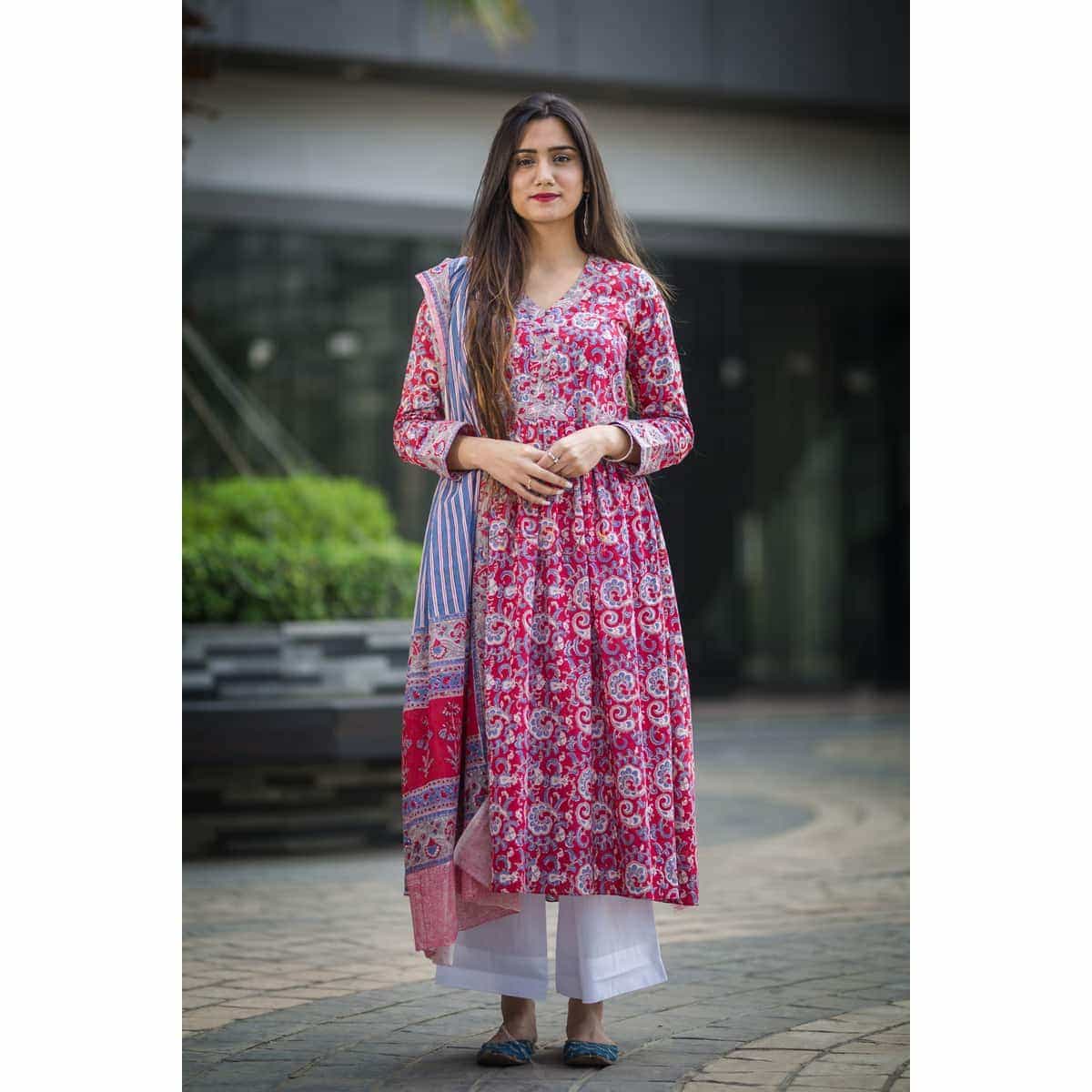 Image for Kusvaa Kusum Kuoj26 Red Blue Kurta With Dupatta Featured