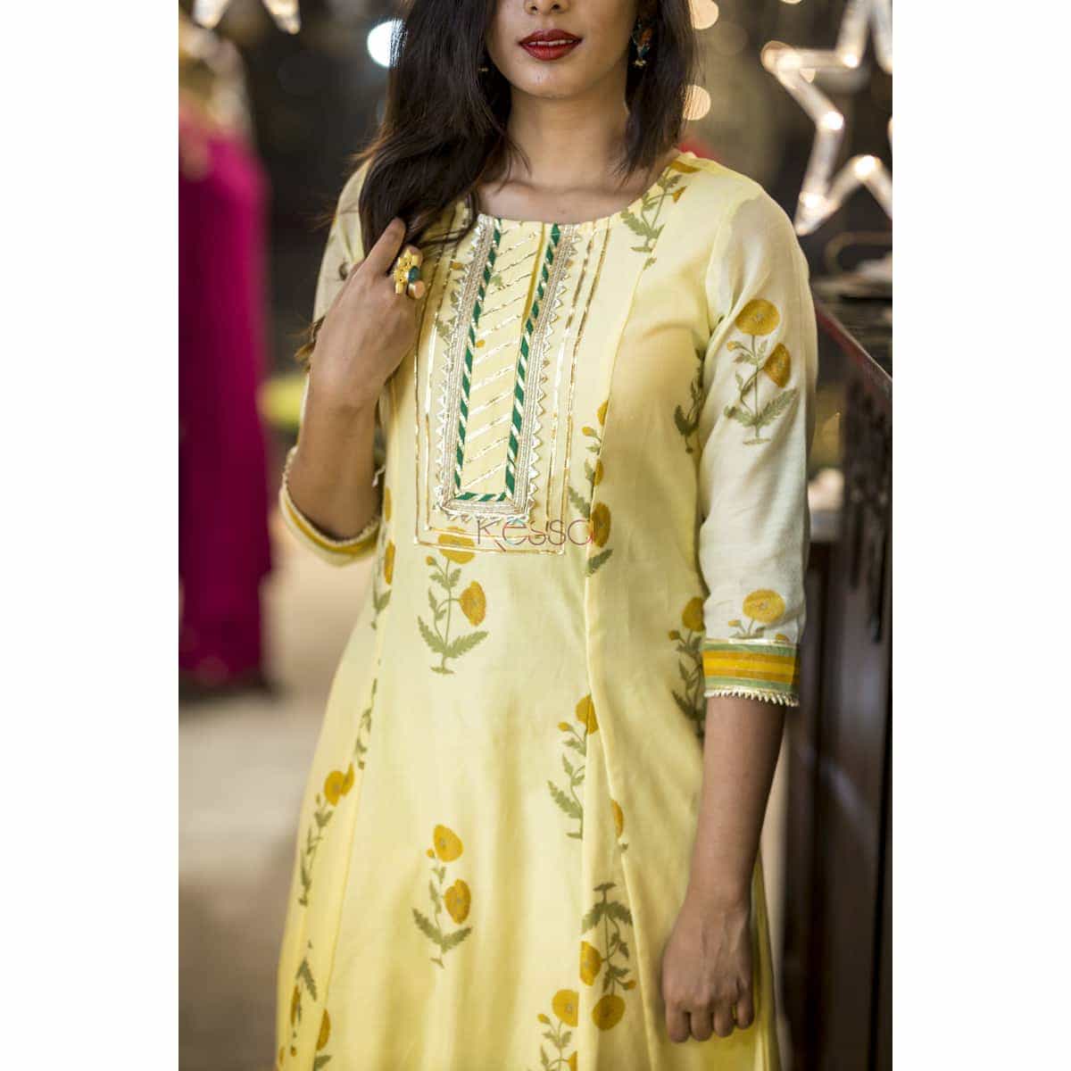 Image for Kusvaa Ws343 Lime Yellow Banarasi Chanderi Kurta Closeup