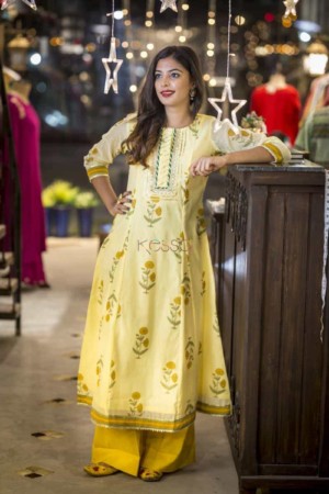 Image for Kusvaa Ws343 Lime Yellow Banarasi Chanderi Kurta Featured