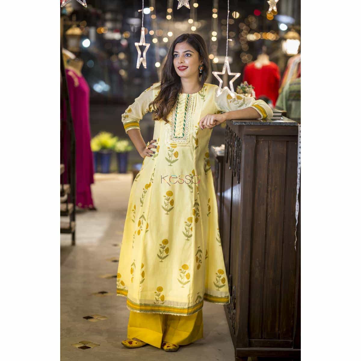 Image for Kusvaa Ws343 Lime Yellow Banarasi Chanderi Kurta Featured