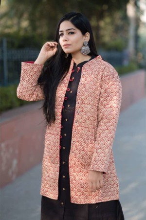 Image for Kusvaa Kj06 Red Beige Full Sleeves Quilted Long Jacket Featured