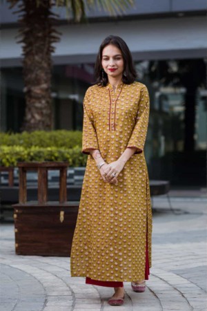 Image for Kusvaa Ne13 Regular Wear Mustard Block Print Kurta Featured