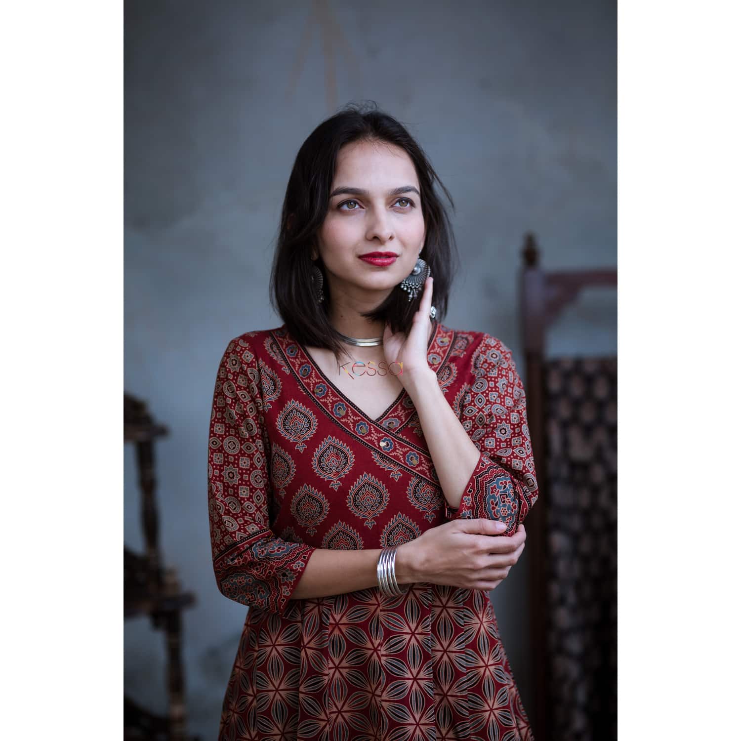 Image for Kusvaa Ws362 Maroon Ajrakh Kurta Palazzo Closeup