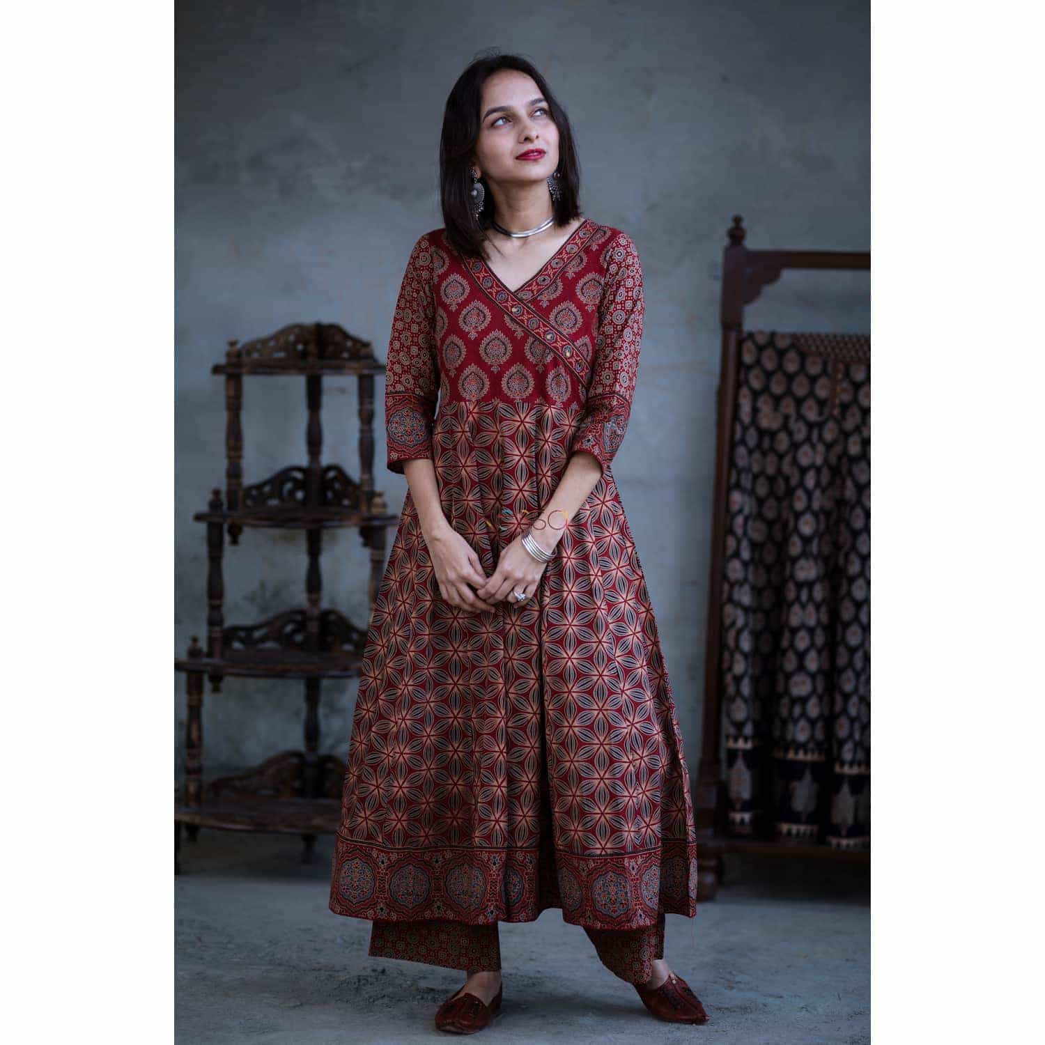 Image for Kusvaa Ws362 Maroon Ajrakh Kurta Palazzo Front