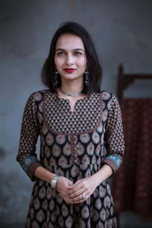 Image for Kusvaa Ws363 Black Ajrakh Kalidaar Dress Closeup