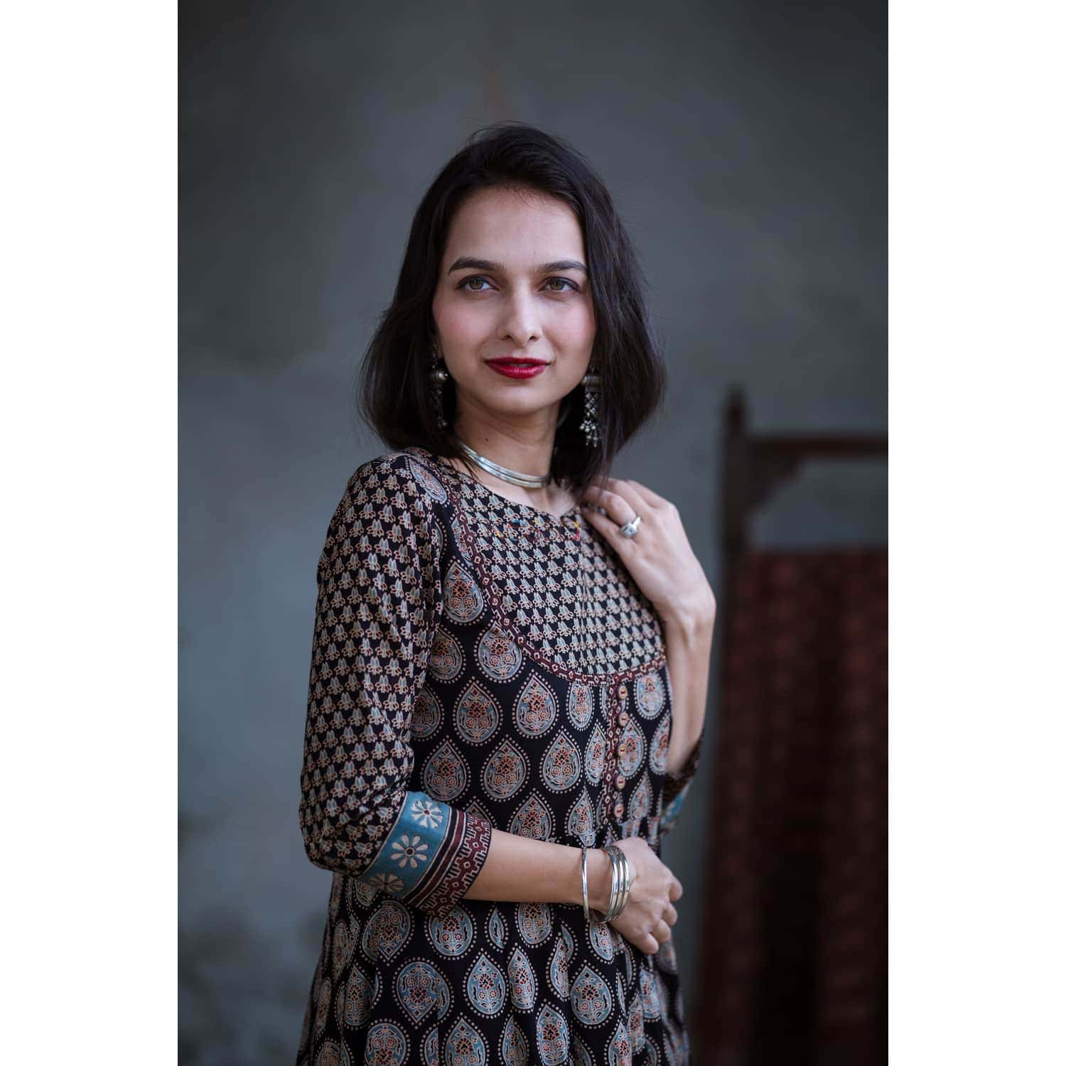 Image for Kusvaa Ws363 Black Ajrakh Kalidaar Dress Closeup Side