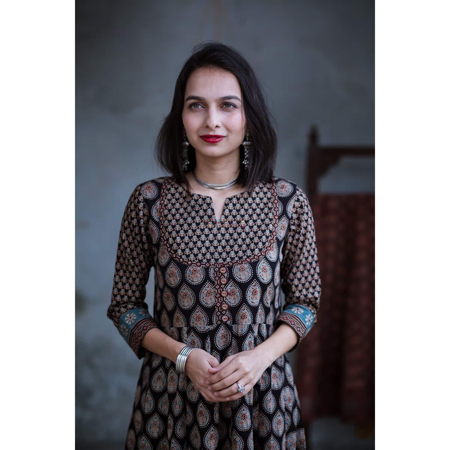 Image for Kusvaa Ws363 Black Ajrakh Kalidaar Dress Closeup
