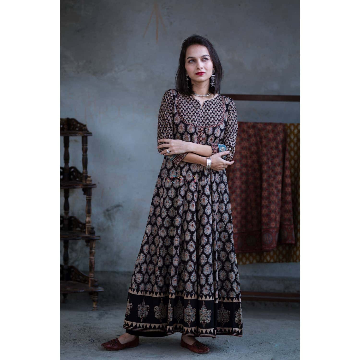 Image for Kusvaa Ws363 Black Ajrakh Kalidaar Dress Front