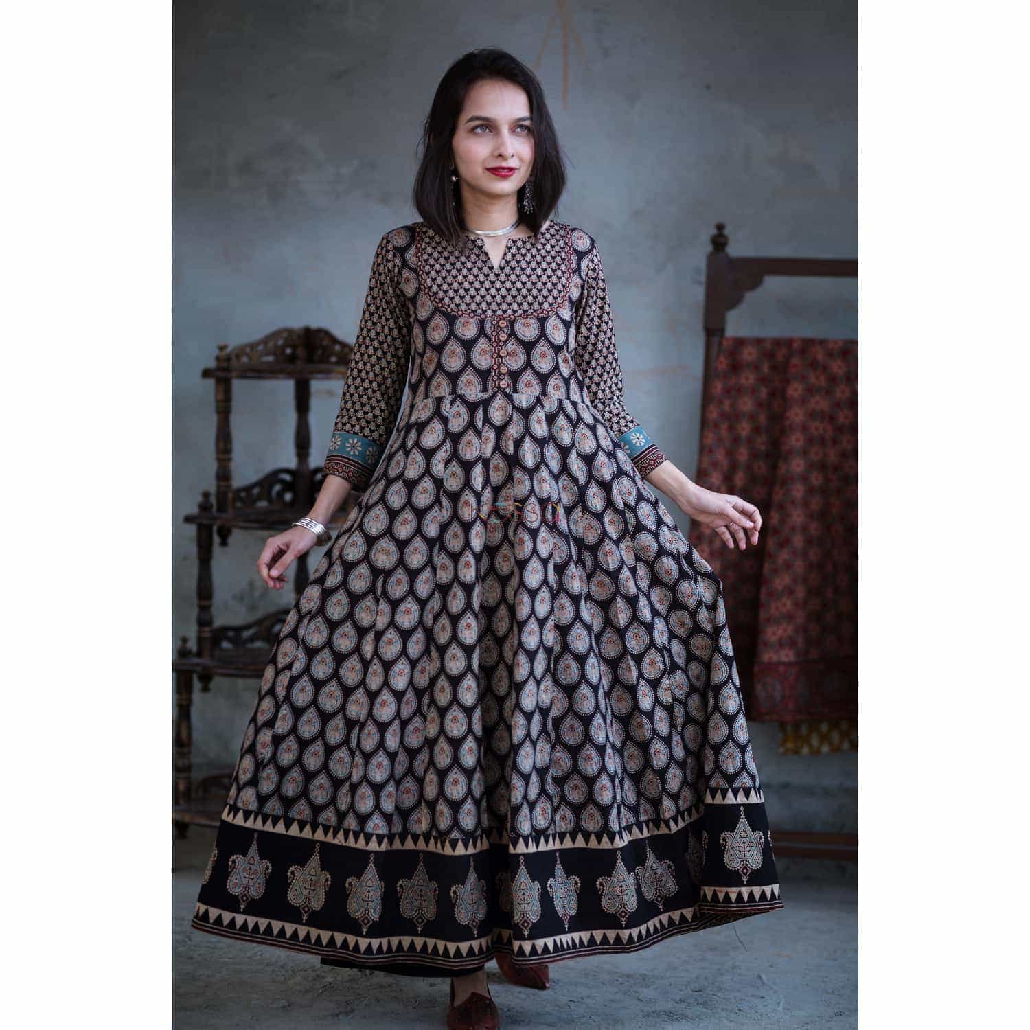 Image for Kusvaa Ws363 Black Ajrakh Kalidaar Dress Ghumar