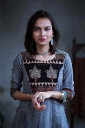 Image for Kusvaa Ws366 Greyish Blue Kurta Ajrakh Yoke Closeup