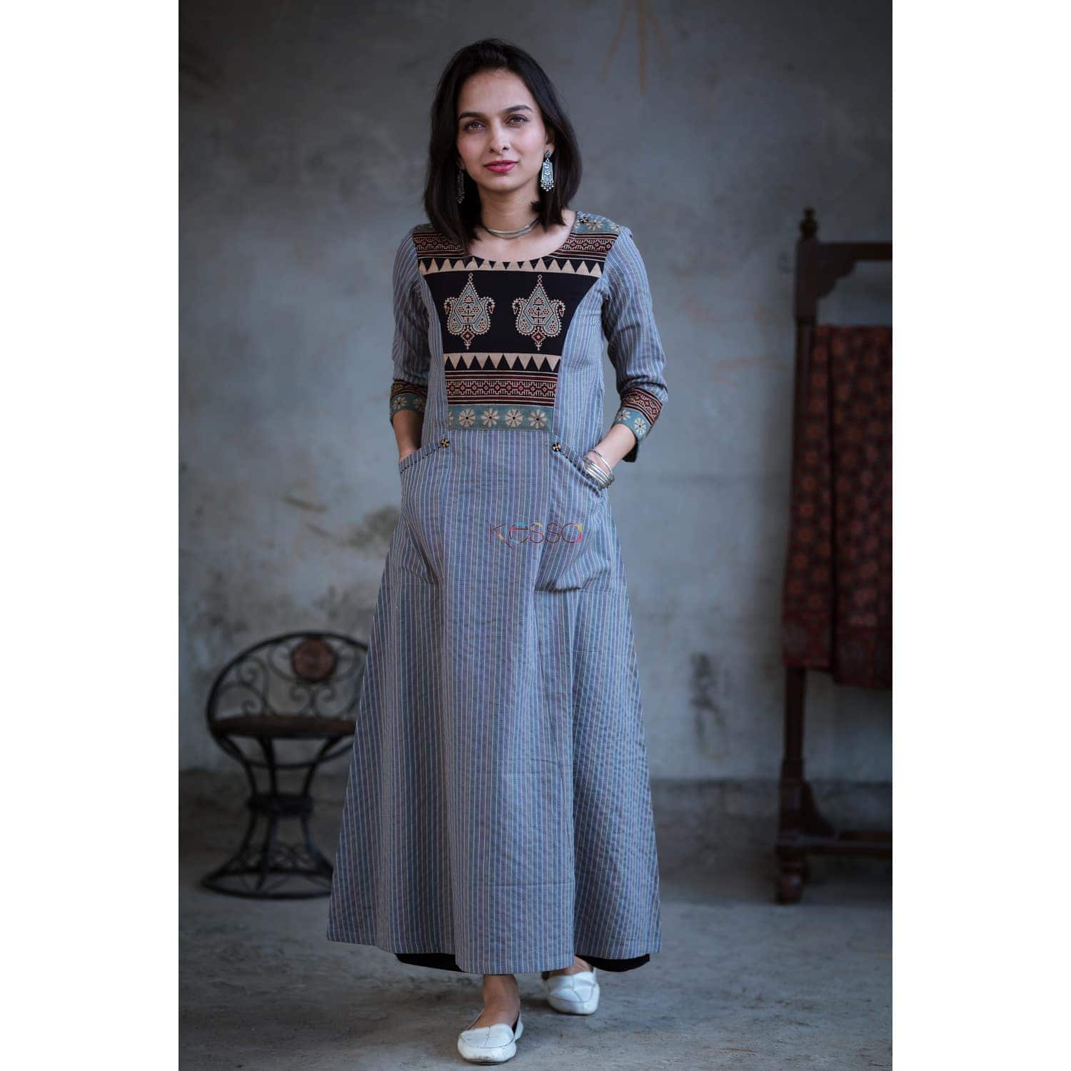 Image for Kusvaa Ws366 Greyish Blue Kurta Ajrakh Yoke Featured