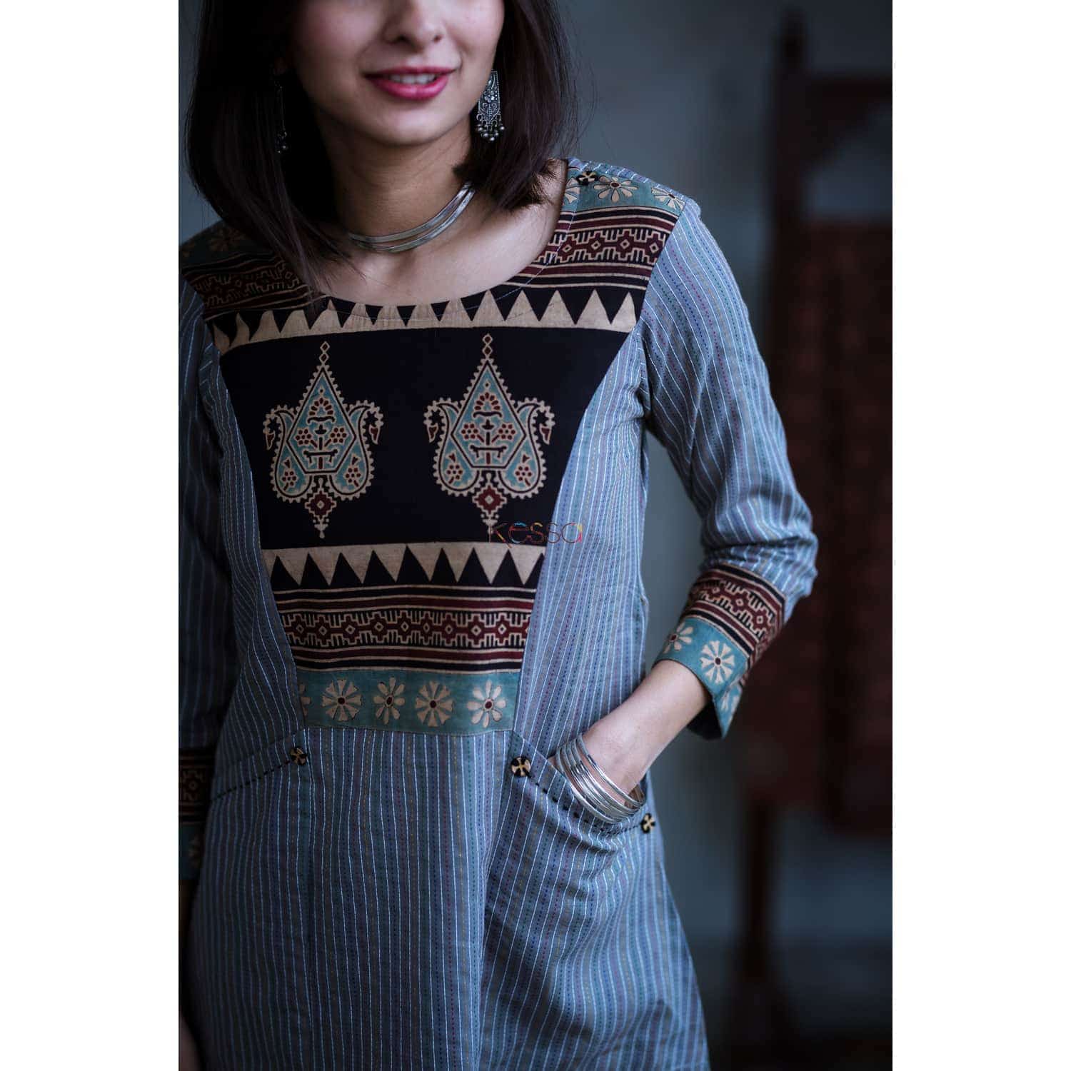 Image for Kusvaa Ws366 Greyish Blue Kurta Ajrakh Yoke Pocket