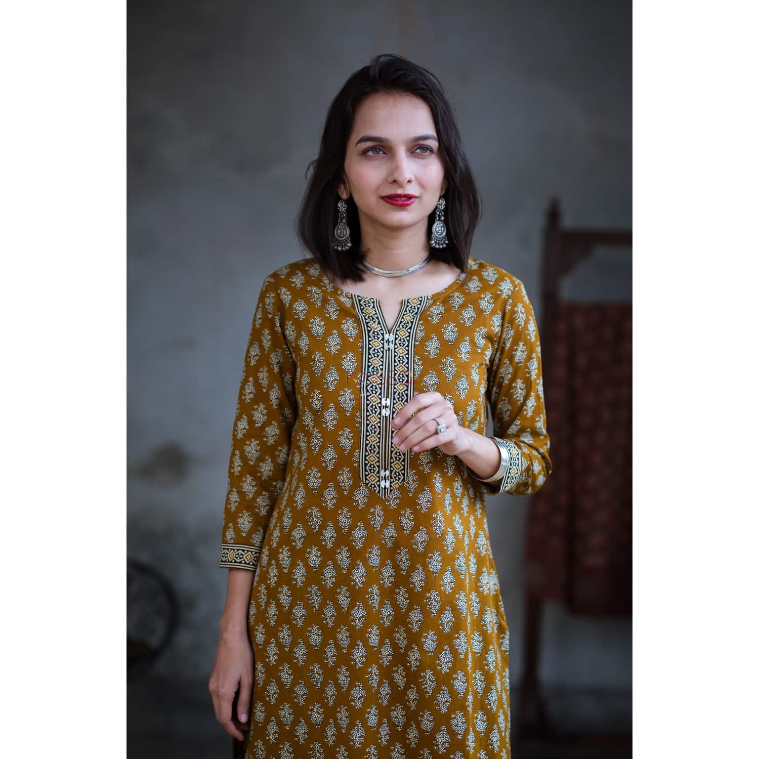 Image for Kusvaa Ws372 Small Butti Mustard Regular Wear Kurta Closeup