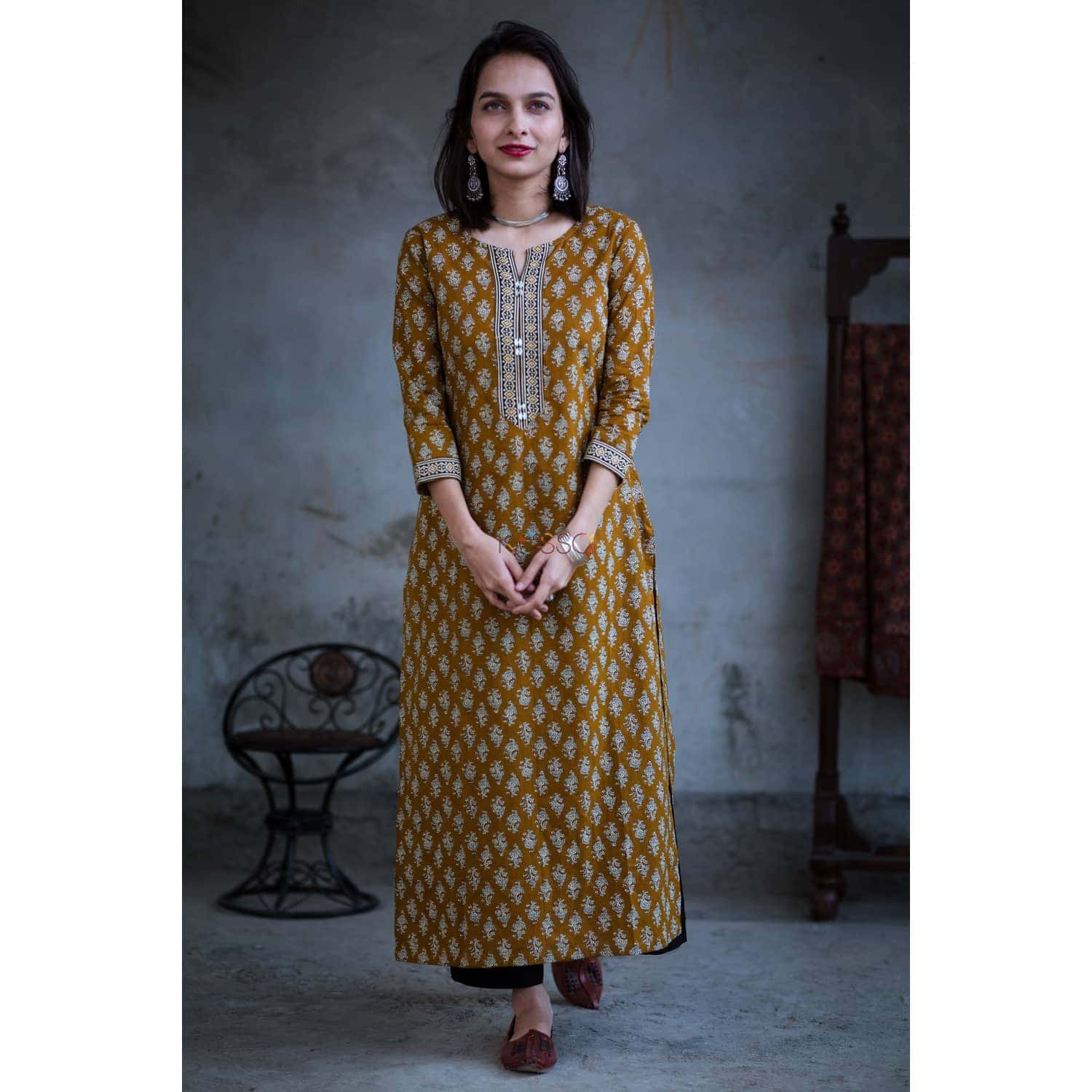 Image for Kusvaa Ws372 Small Butti Mustard Regular Wear Kurta Front