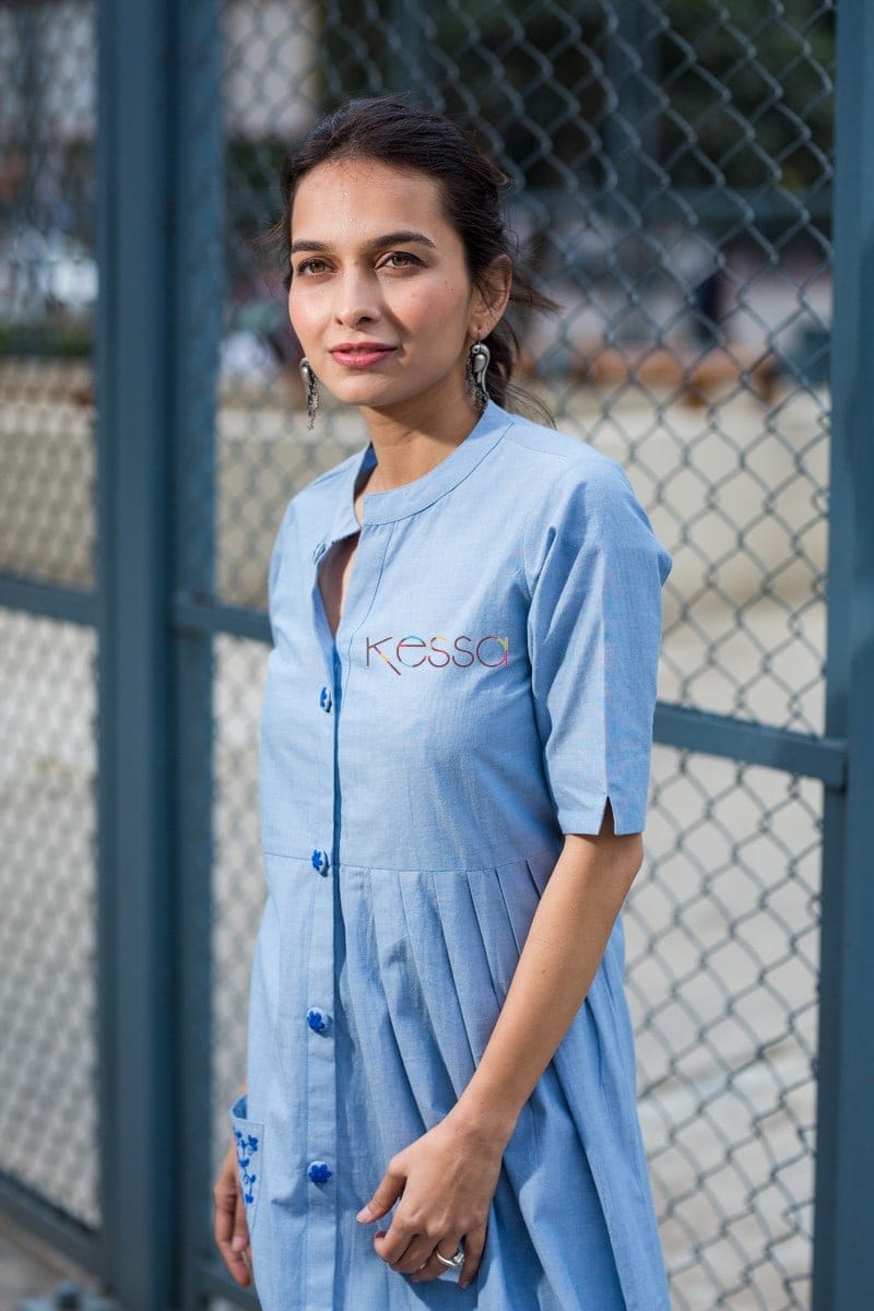 Image for Sky Blue Mid Length Cotton Dress Closeup