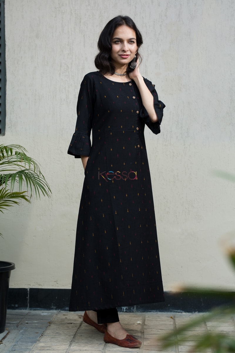 Image for Black Ikat A Line Kurtafront