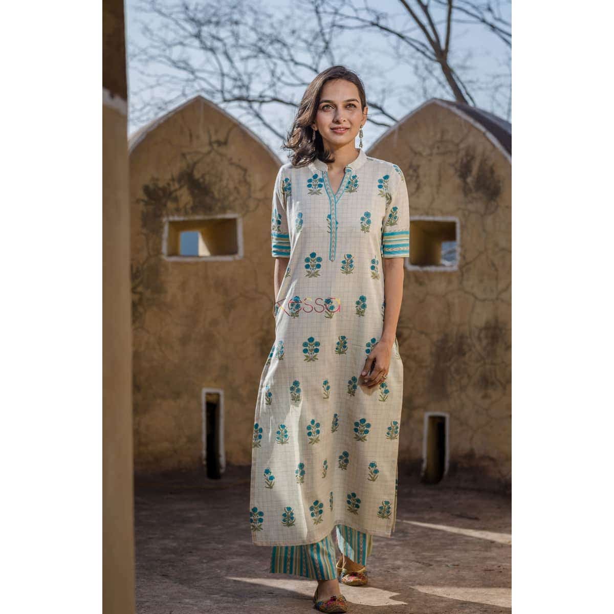Image for Blue Cotton Slub Kurta With Stripe Pant With Pocket