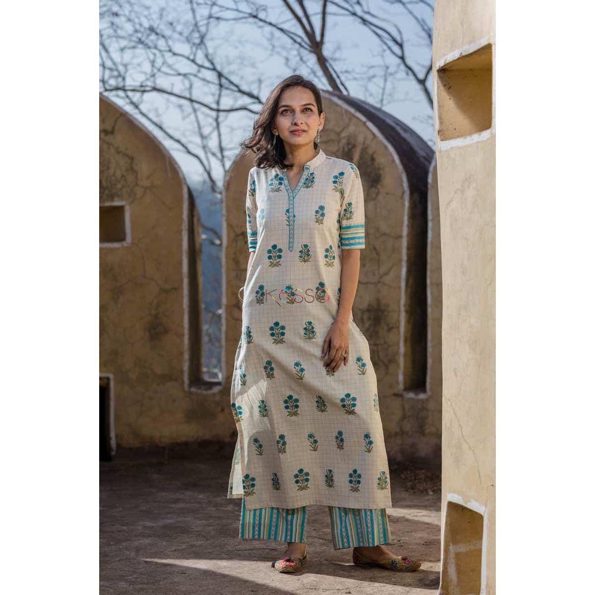 Image for Blue Cotton Slub Kurta With Stripe Pantfront