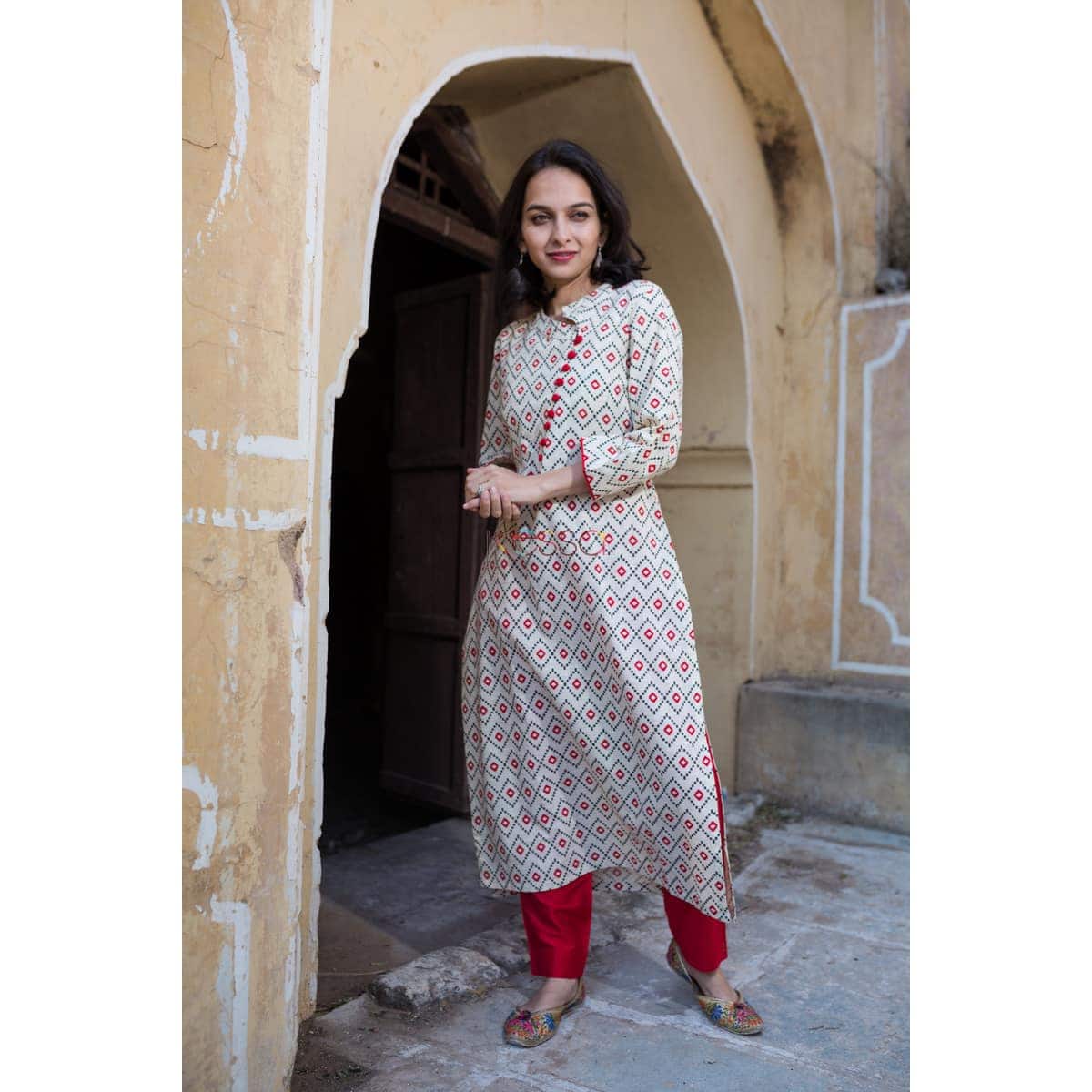 Image for Cotton Slub Red And Grey Kurta Front