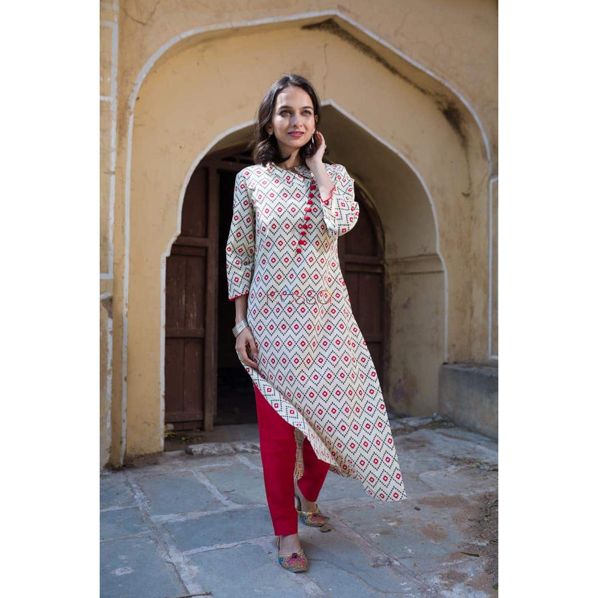 Image for Cotton Slub Red And Grey Kurta With Pocket