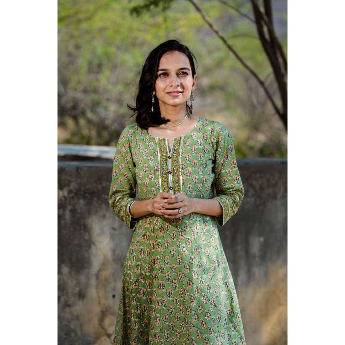 Image for Green Block Print A Line Kurta With Gotta Work Closeup