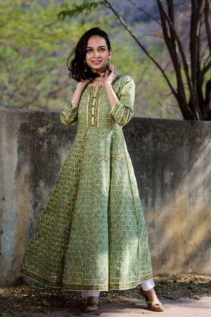 Image for Green Block Print A Line Kurta With Gotta Work Front