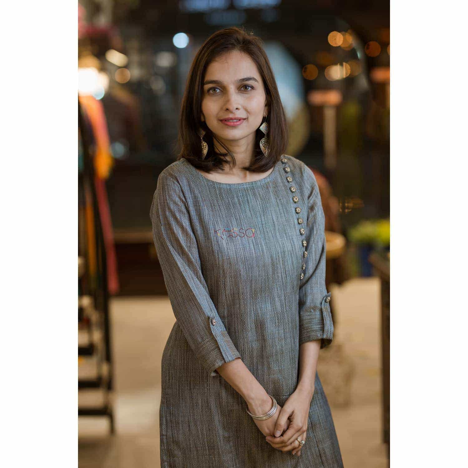 Image for Kusvaa Ws368 Grey Black Bhagalpuri Silk Kurta Closeup