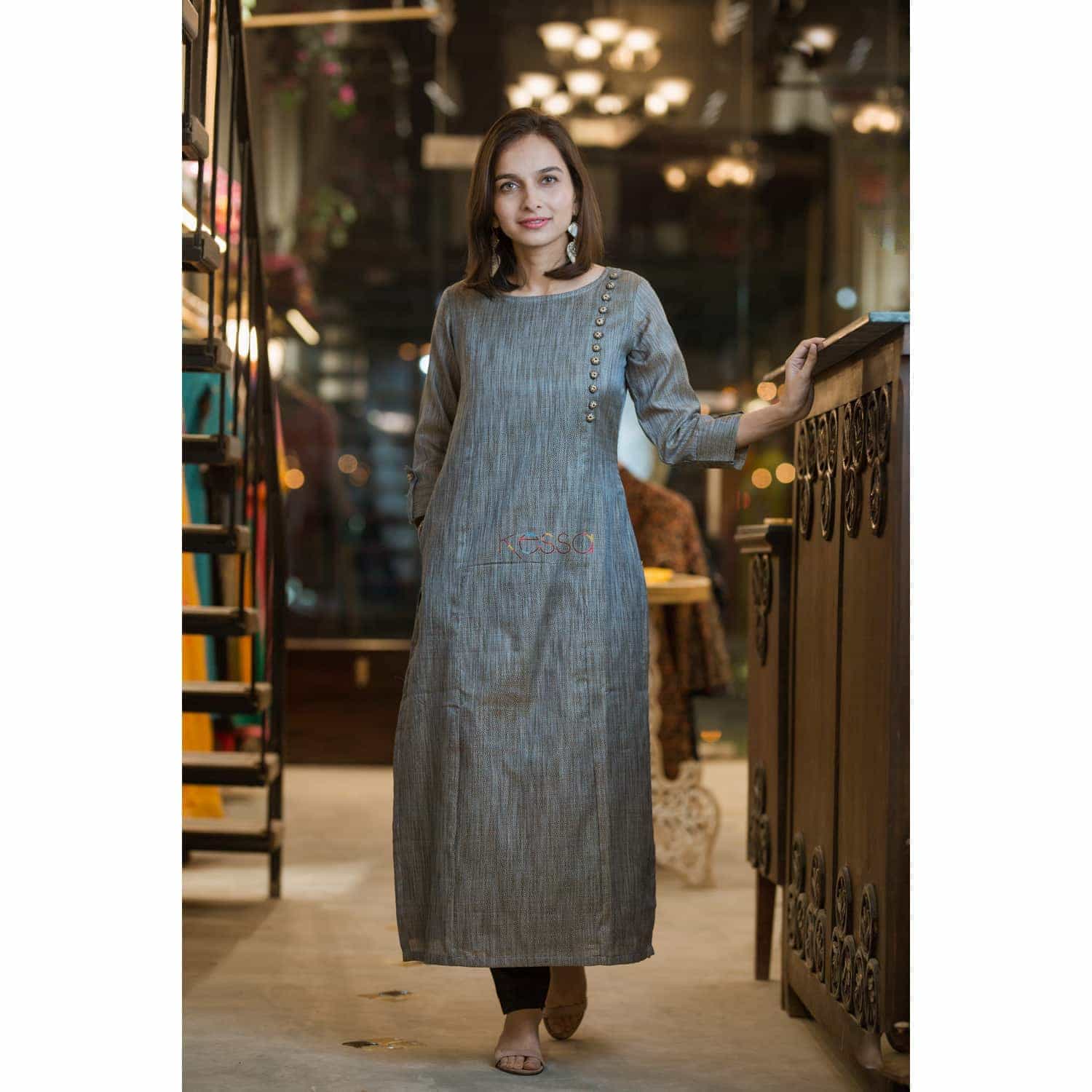 Image for Kusvaa Ws368 Grey Black Bhagalpuri Silk Kurta Featured