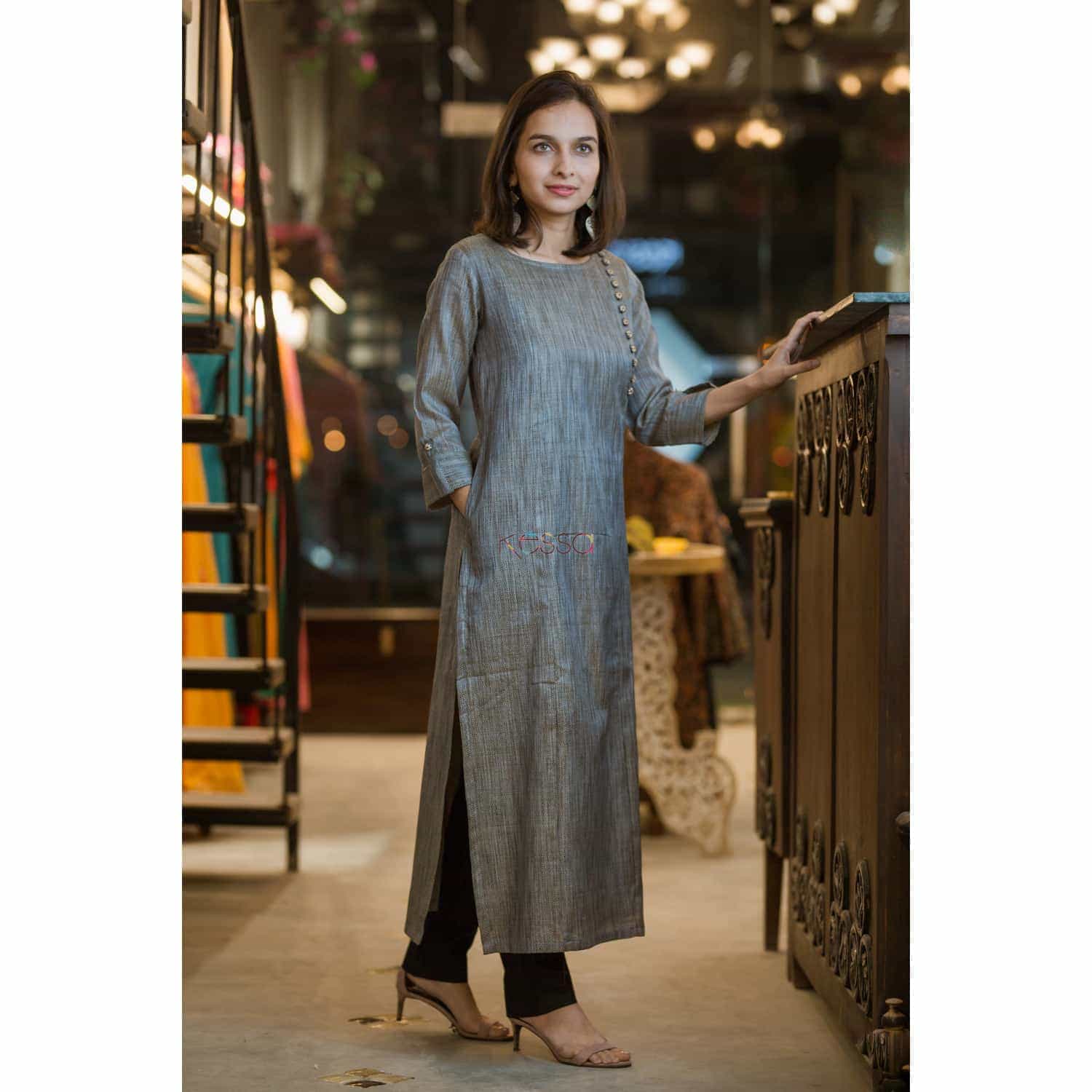 Image for Kusvaa Ws368 Grey Black Bhagalpuri Silk Kurta Side