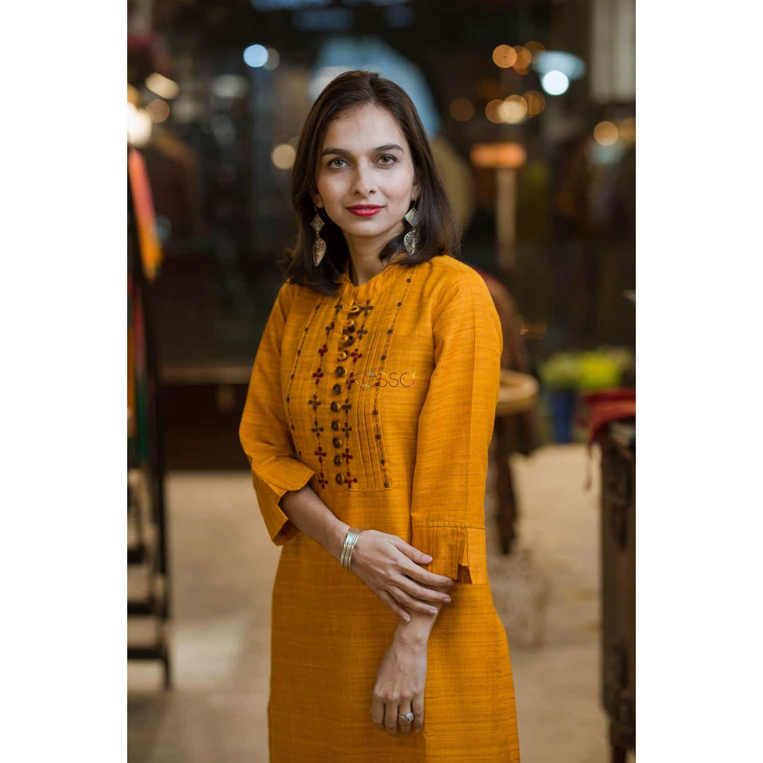 Image for Kusvaa Ws371 Mustard Bhagalpuri Silk Kurta Closeup