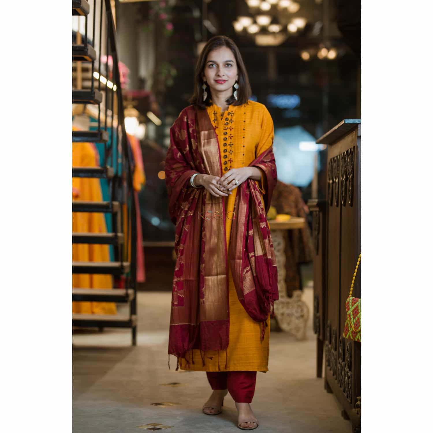 Image for Kusvaa Ws371 Mustard Bhagalpuri Silk Kurta Front