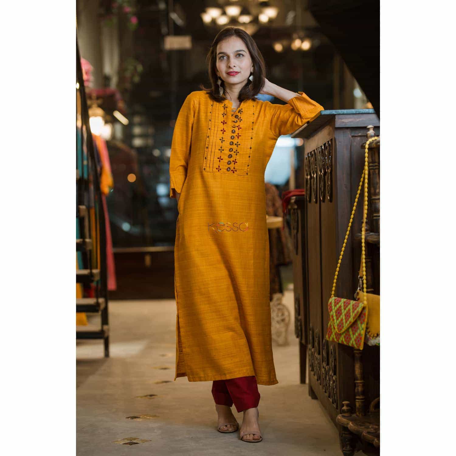 Image for Kusvaa Ws371 Mustard Bhagalpuri Silk Kurta Only