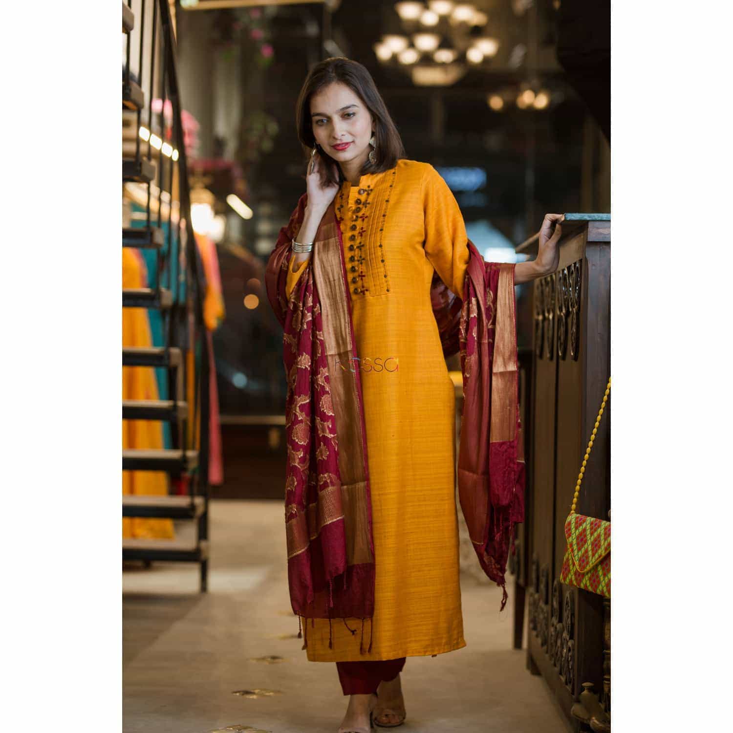 Image for Kusvaa Ws371 Mustard Bhagalpuri Silk Kurta Side