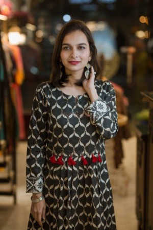Image for Block Print Black A Line Kurta Close Up