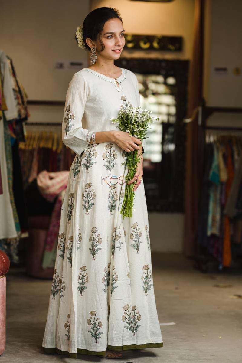 Image for Cream Blue Mughal Boota Dress Featured