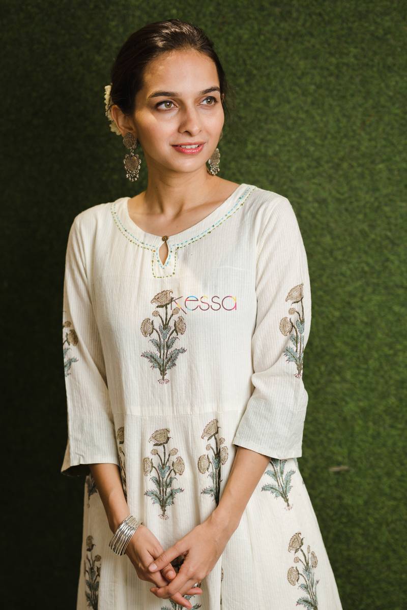 Image for Cream Blue Mughal Boota Dresscloseup