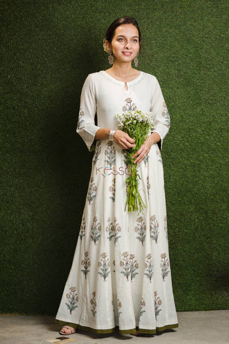 Image for Cream Blue Mughal Boota Dressfront