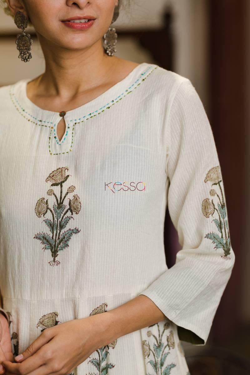 Image for Cream Blue Mughal Boota Dresstight