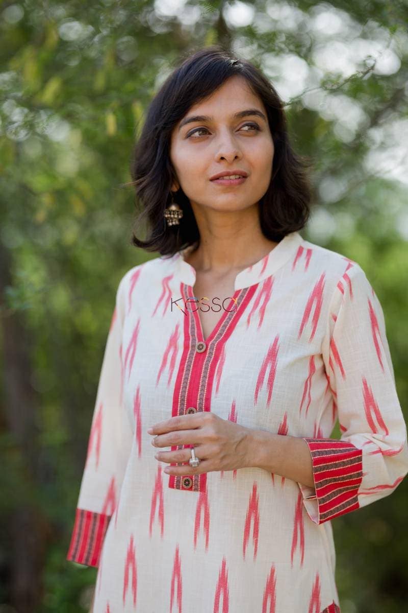 Image for Cream Ikat Print Straight Kurta Closeup