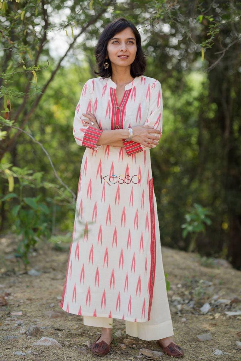 Image for Cream Ikat Print Straight Kurta Fold Hands