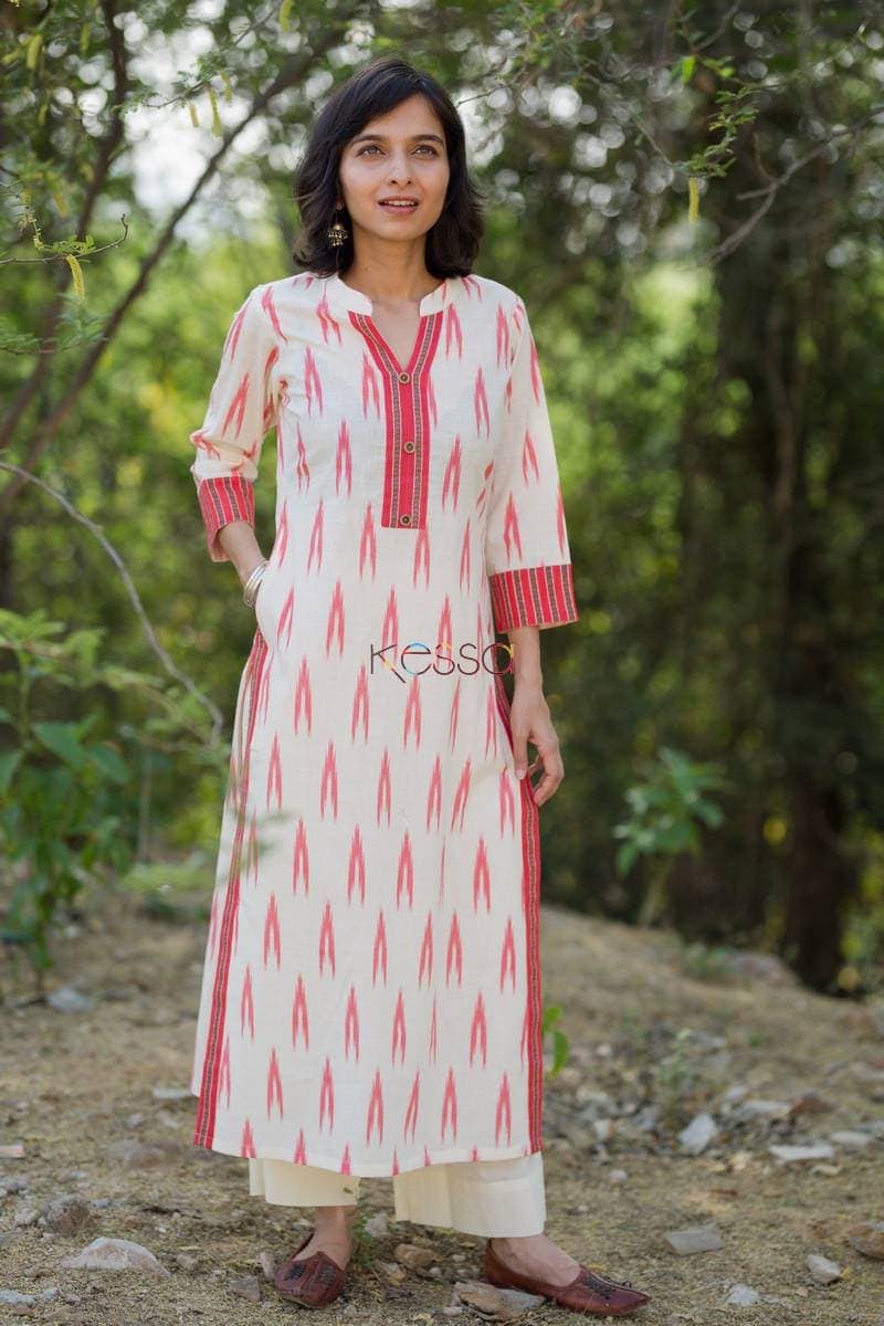 Image for Cream Ikat Print Straight Kurta Side Pocket